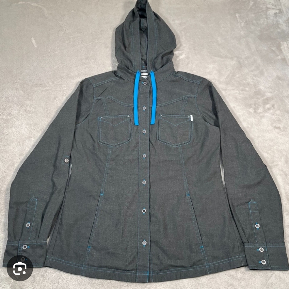 Columbia Men's Gray Button Up Shirt w/ Detachable Hood And‎ Blue Accents Size L